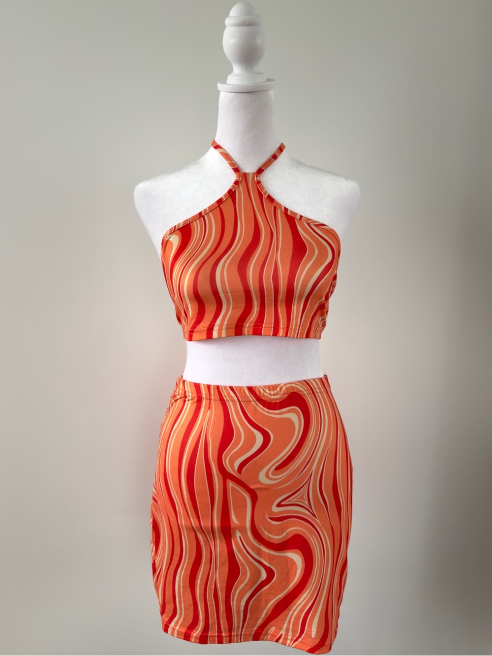 Orange Marble Print Crisscross Tie Backless Crop Halter Top & Bodycon Skirt Set